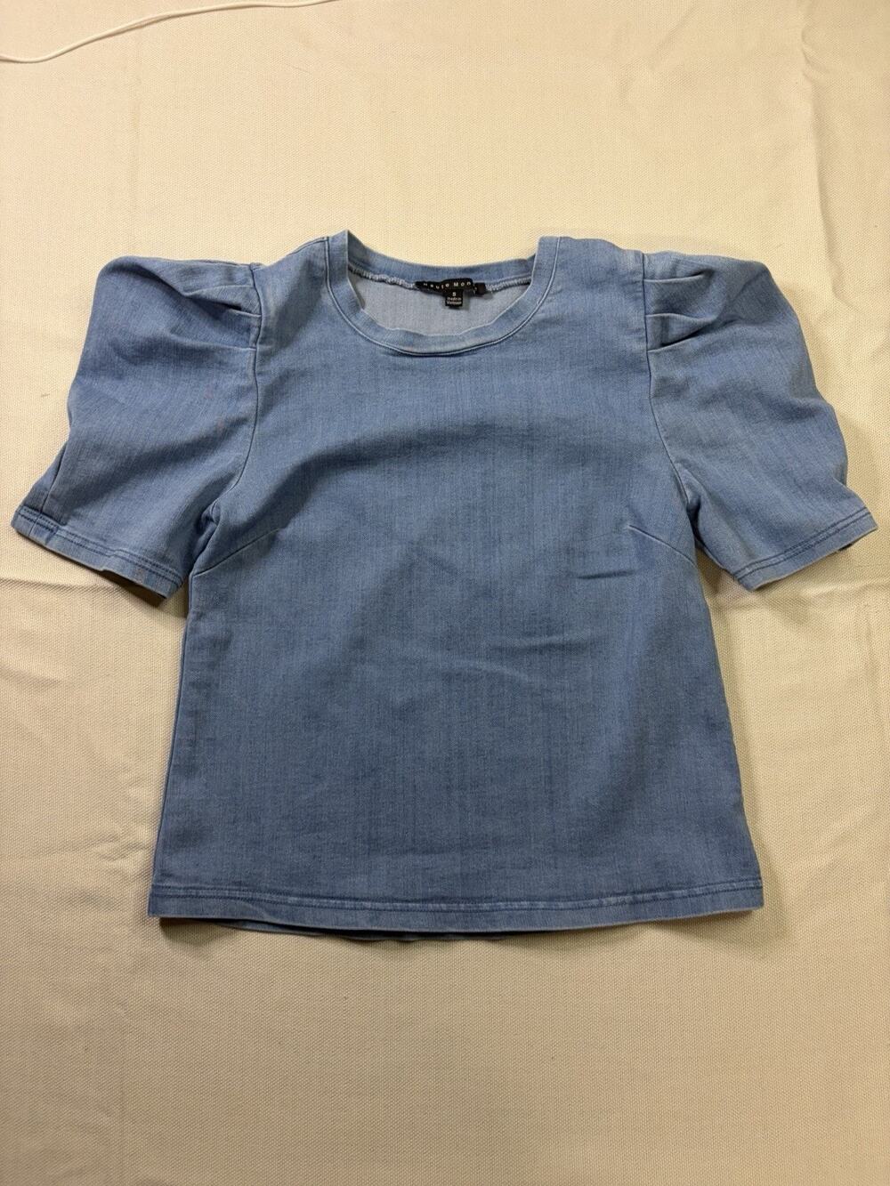 Haute Monde Blouse Women’s S Blue Denim Look Puff Sleeve Stretch Casual Top
